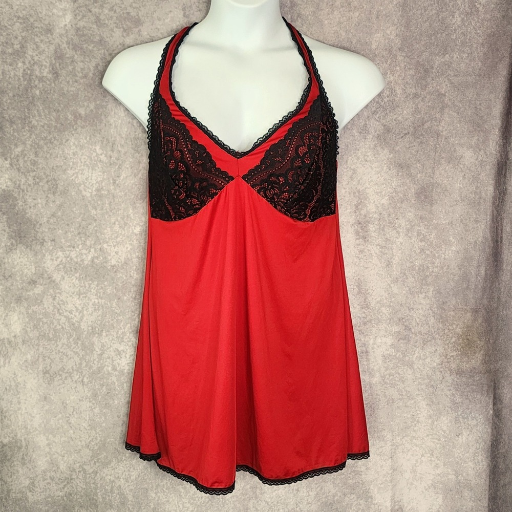 Torrid Babydoll Lingerie Women 1X Red Black Lace Trim Halter Neck Chemise Sexy
